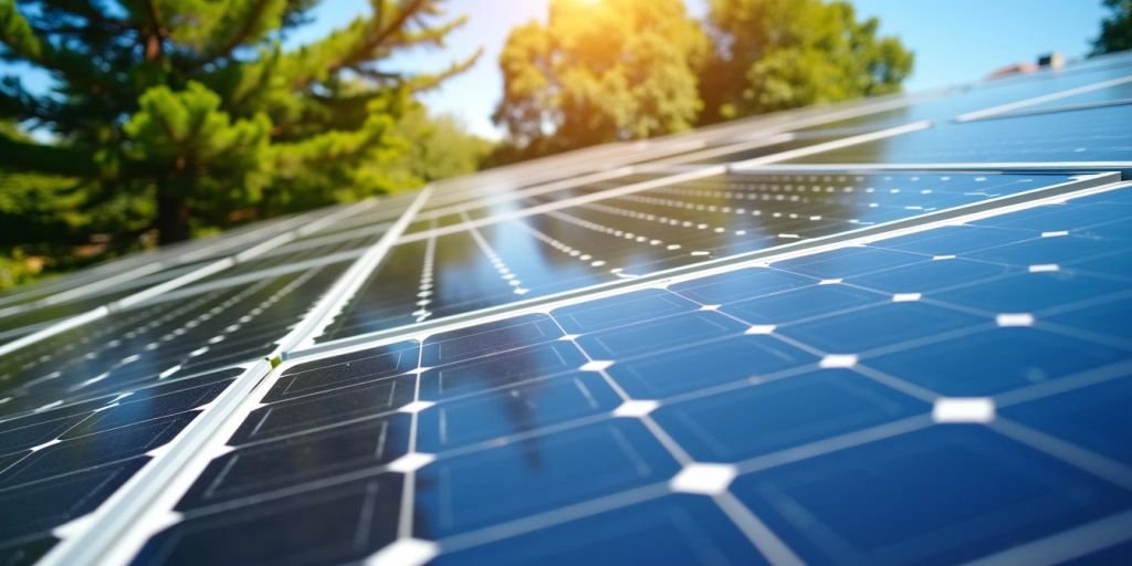 Solar panels installed on a roof, basking in bright sunlight, showcasing renewable energy technology.