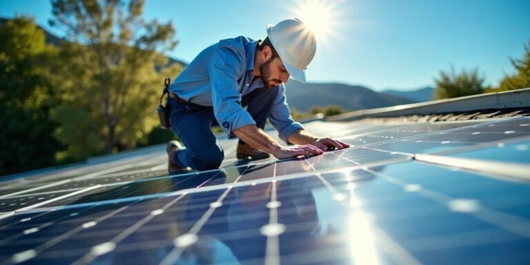 A man in a hat is engaged in the installation or maintenance of a solar panel, promoting sustainable energy solutions.