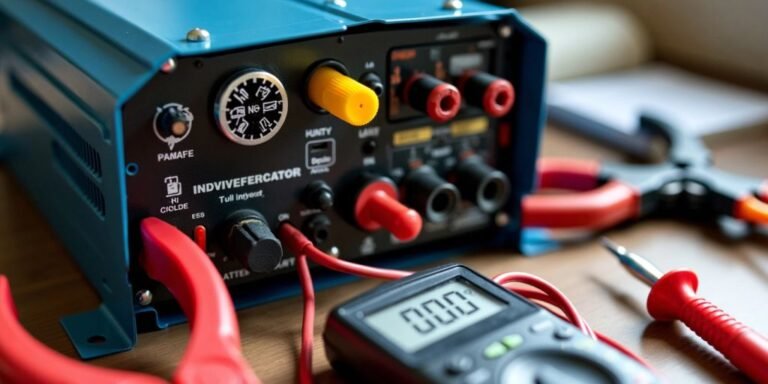 Detailed view of a power supply alongside a multimeter and tools, highlighting the intricate setup for electrical measurements