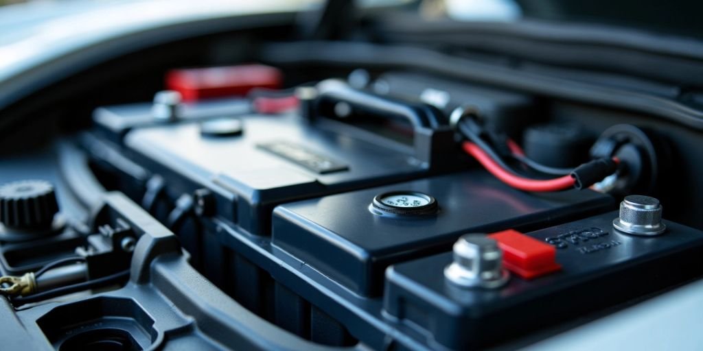 An image of a car battery with red and black wires attached, highlighting the connection points