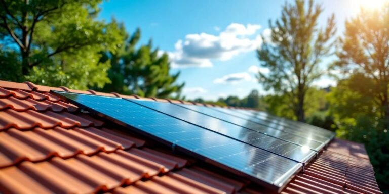 A rooftop covered with solar panels, capturing sunlight for sustainable energy use.
