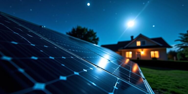 Night view of a house with solar panels, reflecting the moonlight, emphasising eco-friendly energy solutions.