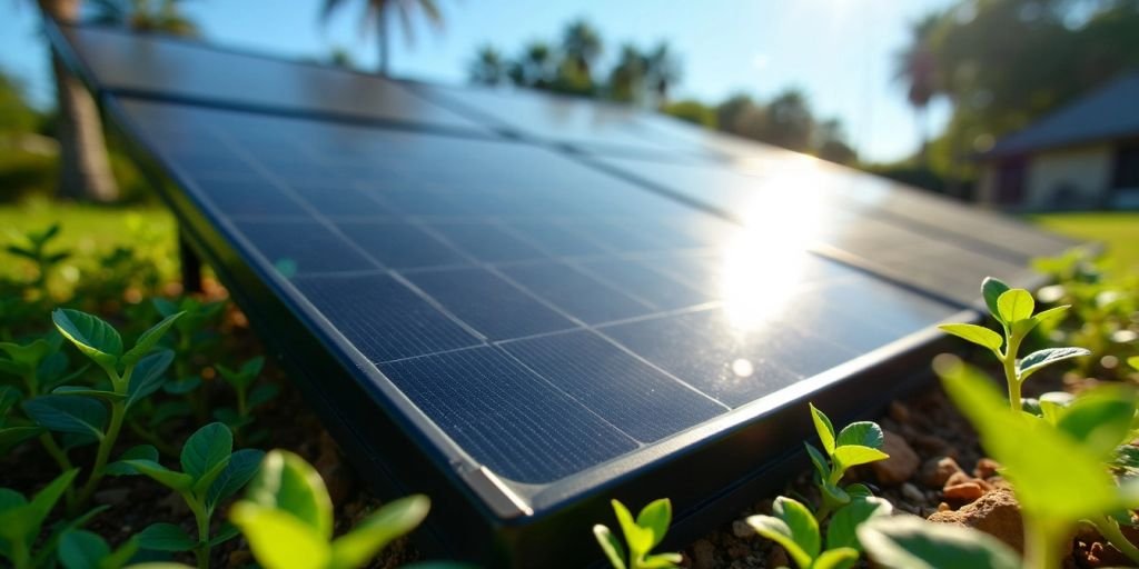 A field of grass featuring solar panels under the sun, highlighting the integration of clean energy and nature.